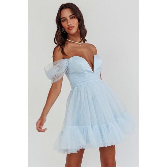 NWT SELFIE LESLIE PIXI OFF-SHOULDER LACE-UP BACK BACK DRESS Baby Blue S - Picture 6 of 8